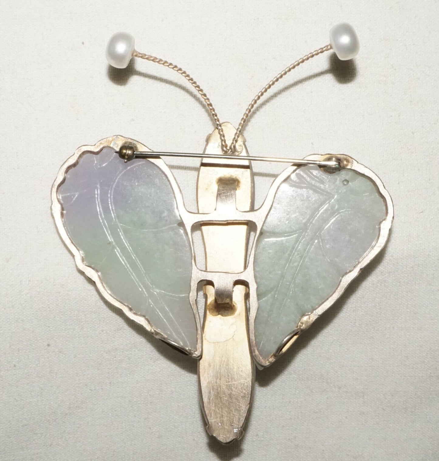 Vintage Chinese Large Butterfly Brooch Pendant w. 3x Lavender Jade Accents (LeP)