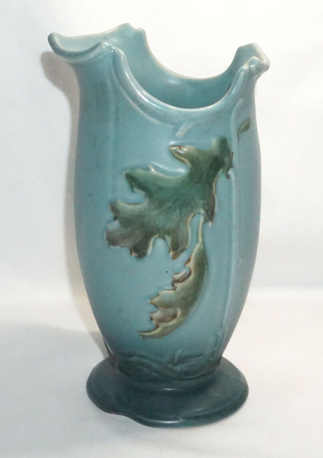 Vintage Arts & Crafts Weller Pottery Matte Blue Green Vase w Oak Leaves (NeW)