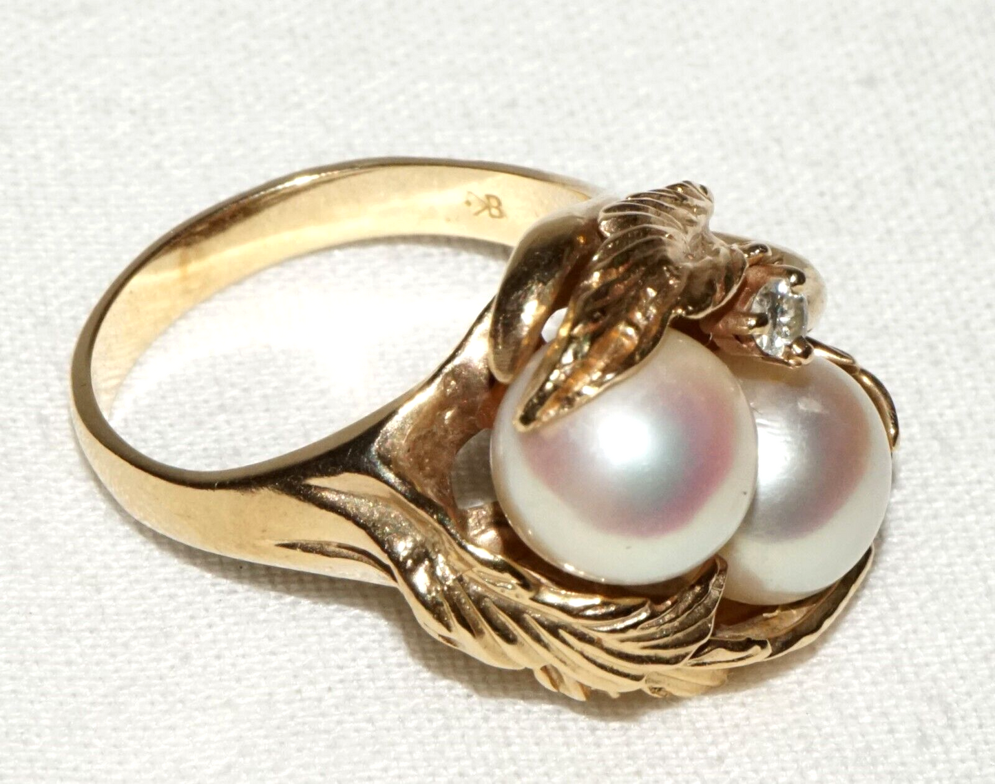 Vintage US 14k Yellow Gold Ring Sz.6.5 w. 2x Pearls & 1x Diamond Accent (FeD)