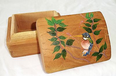 1980s Haitian Wooden Covered Box w. Painted Bird Motif (Stea)