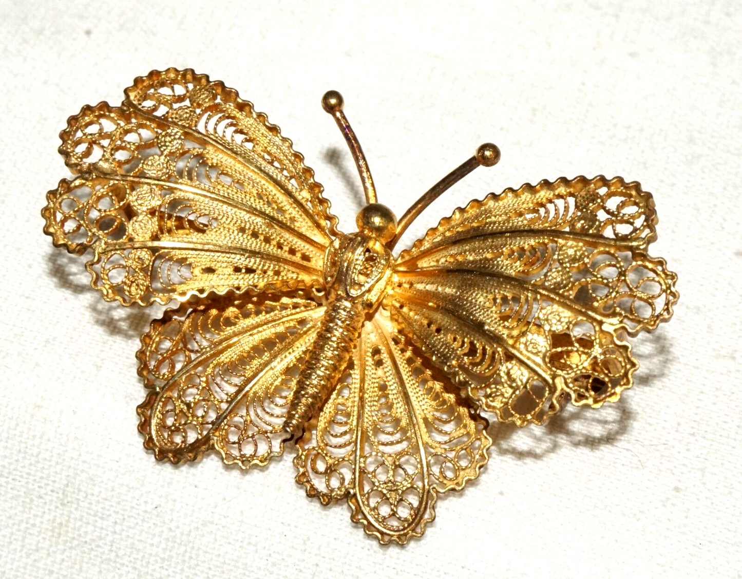 Vintage Gold-Washed 800 Silver Filigree Butterfly Brooch Pin (InS)#L1