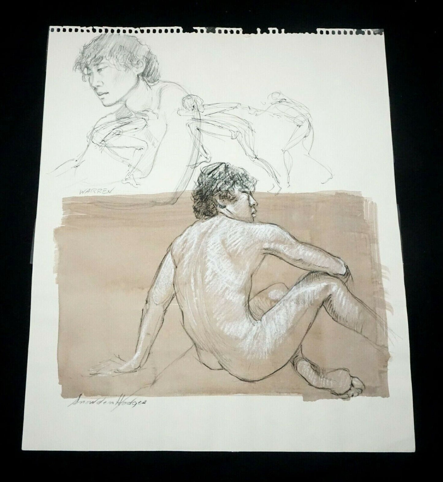 Hawaii Conte WC Wash Painting Seated Asian Male Nude by Snowden Hodges (Sho)#22