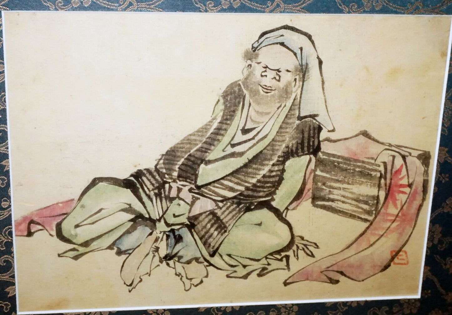 19C Japanese Framed Painting Fragment Seated Male Figure w. artist Seal (***)