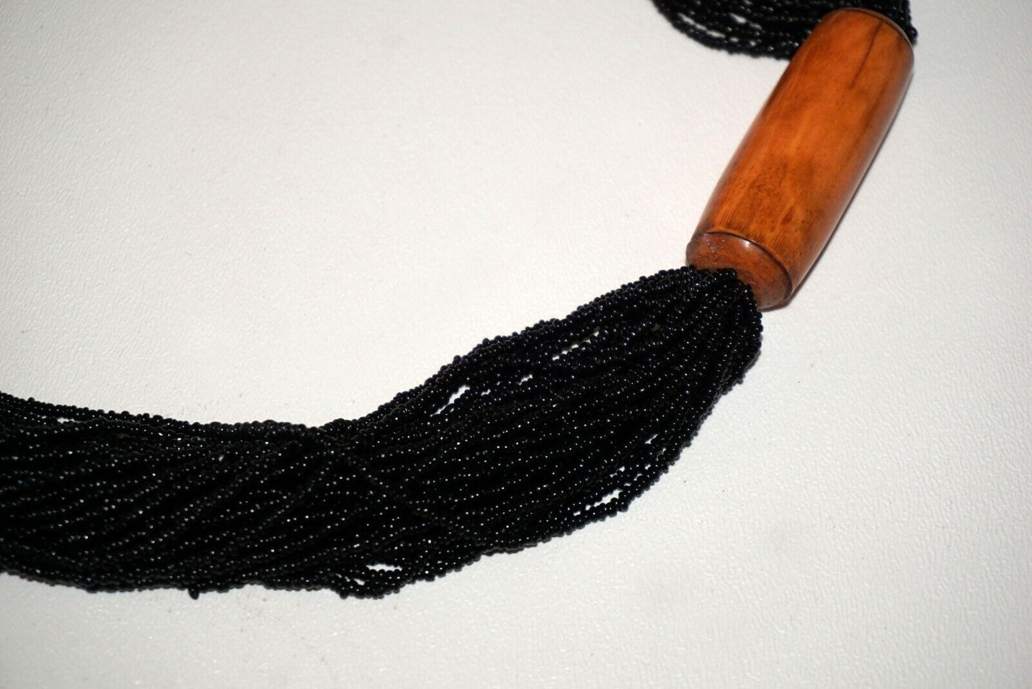 Vintage 20x Strand Black Mini Bead Necklace w. Blond Wood Tube Accents (Bsg)#35