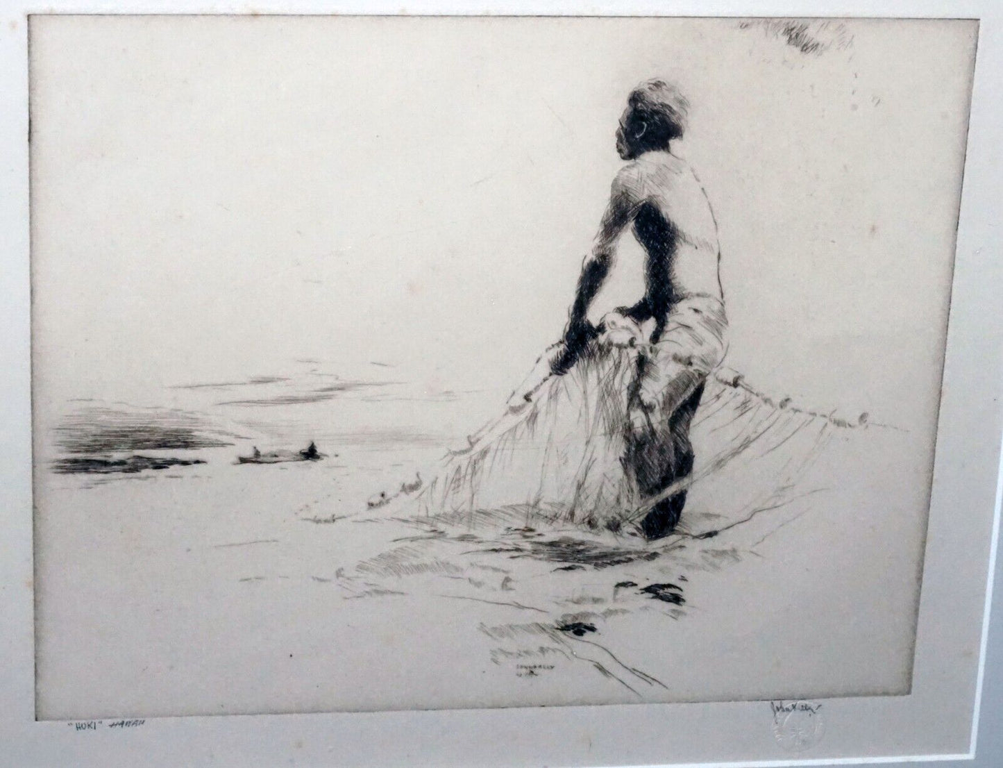 1934 Hawaii Etching Print "Huki" Net Fisherman by John M. Kelly (1879-1962) (+)