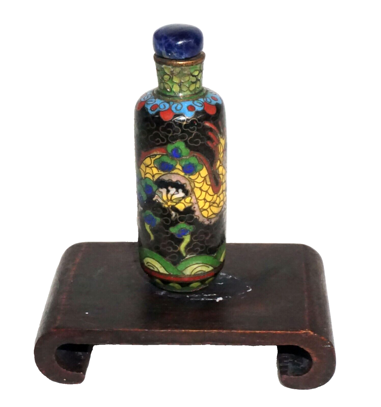 Vintage Chinese Cloisonné Snuff Bottle Writing Dragon Motif w. Sodalite (Kai)