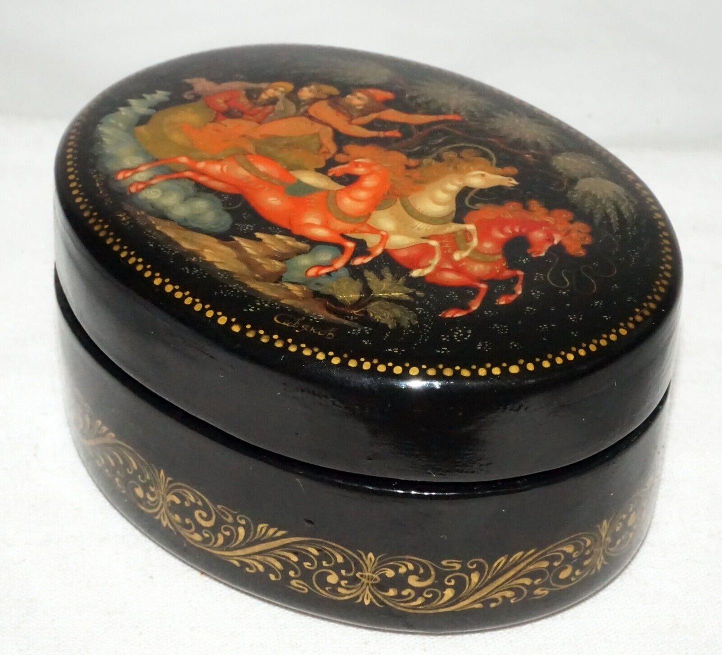 Vintage Russian Lacquer Box Three Figures in a Horse Drawn Sleigh signed (AHB)