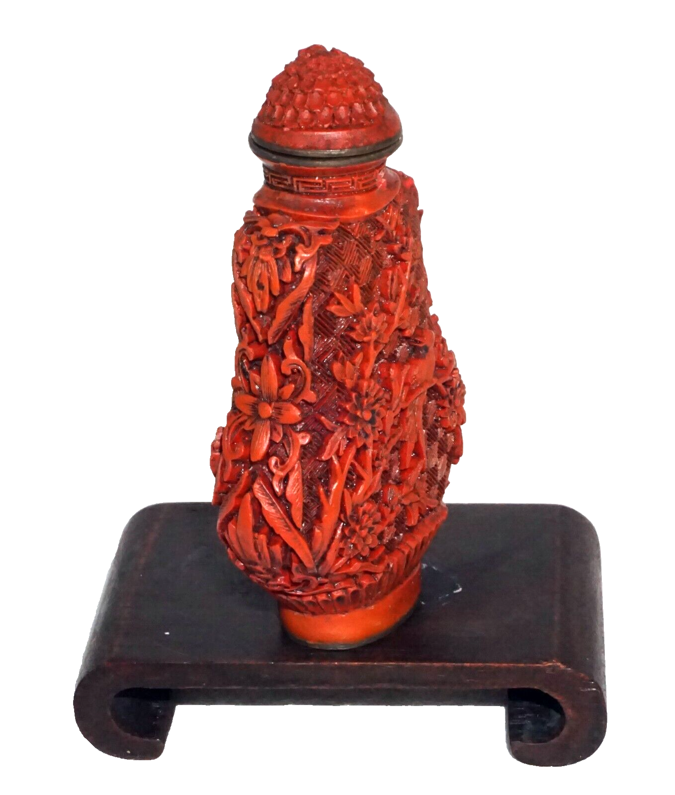 Chinese Cinnabar Style Carved Snuff Bottle w. Birds Motifs & Reign Mark (Kai)