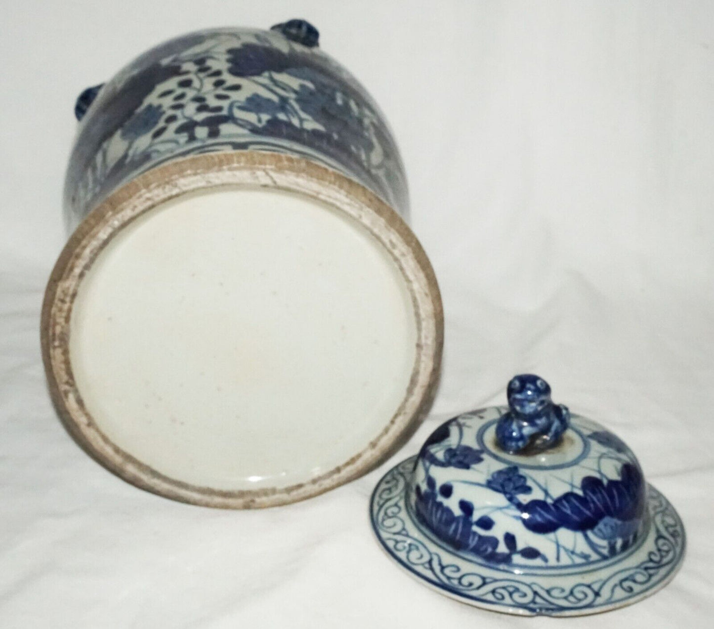 Antique Chinese Covered Jar w. Lotus & Bird Motifs in Blue Enamels (NiC)