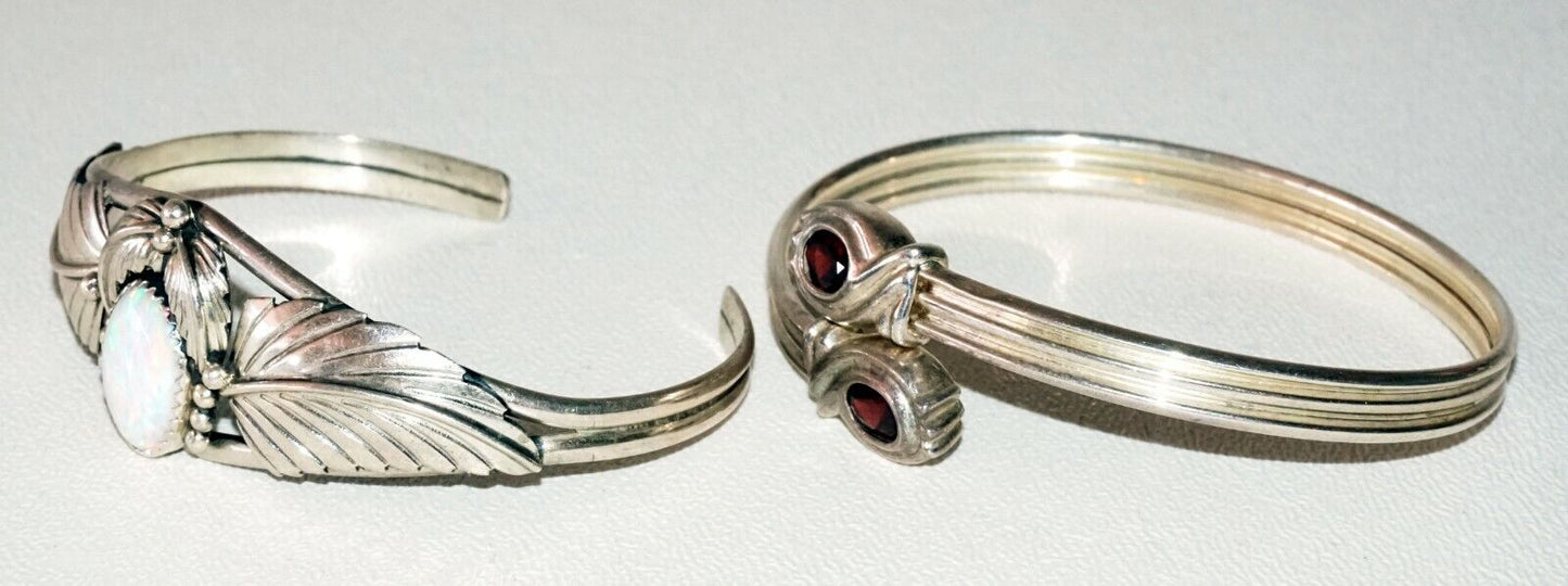 2Pc Sterling Silver Bracelet Lot w. 2x Garnets & 1x White Opal by VV (SaR)#176