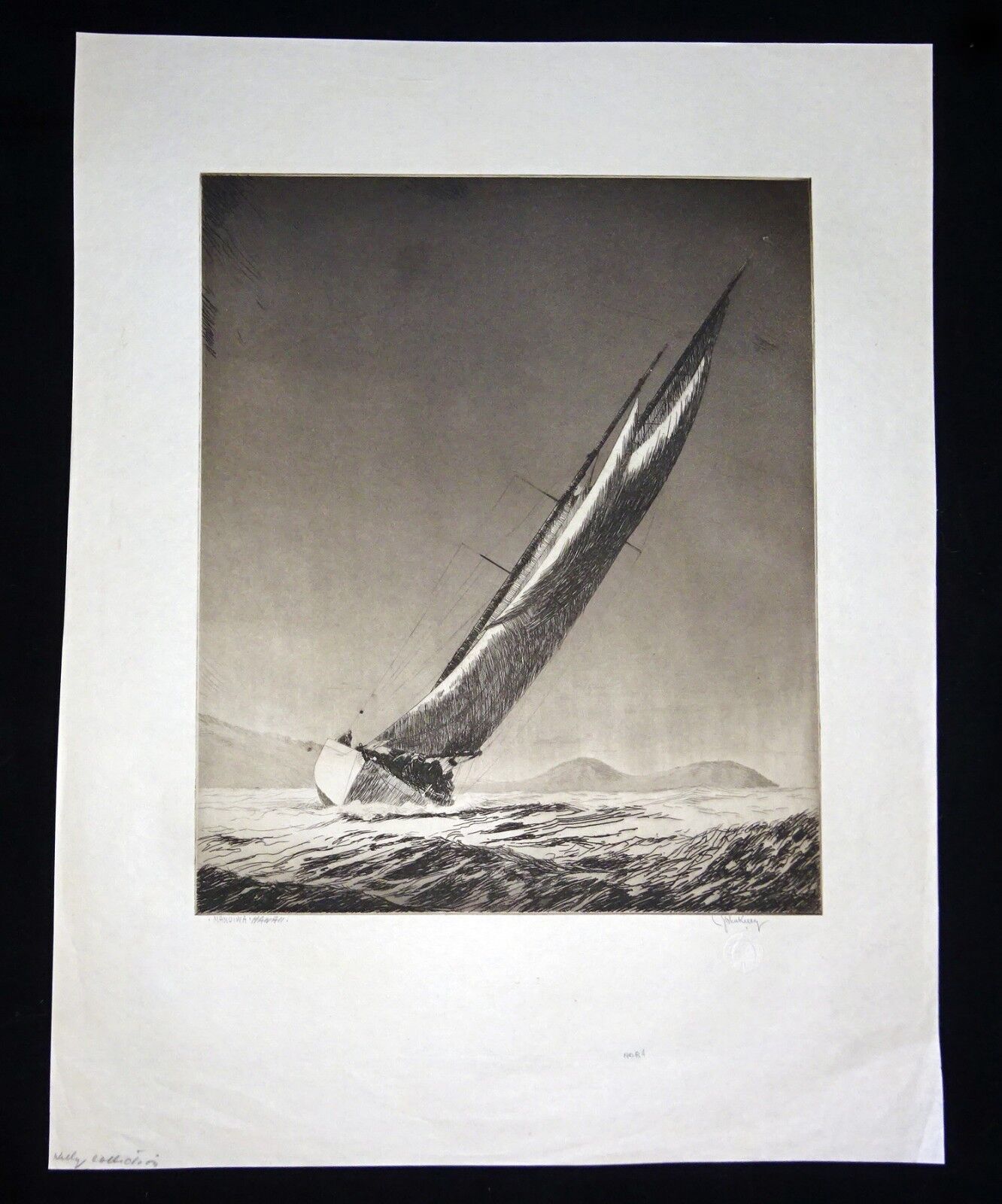 1932 Hawaii Aquatint Etching Print "Manuiwa Yacht" by John Melville Kelly (Kel)