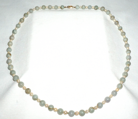 Vintage Chinese Jadeite Jade & Pearl Spacer Bead Necklace w. 14k Clasp (---)