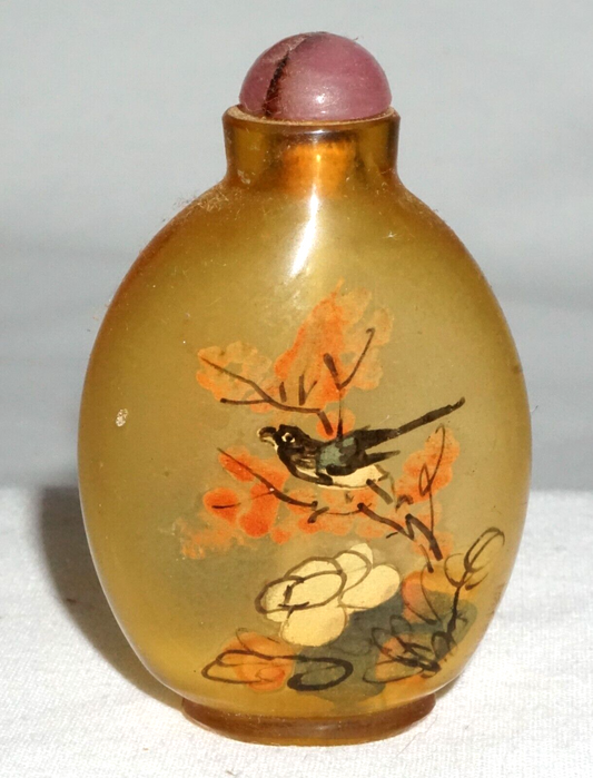 Vtg Chinese Reverse Painted Glass Snuff Bottle w Birds & Insects Motif (LLA) IC