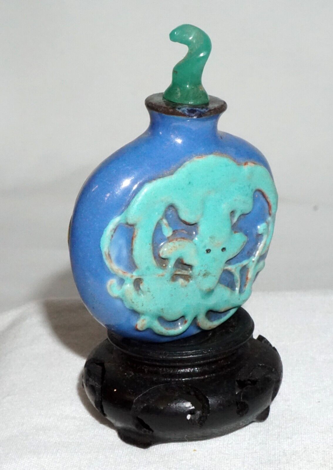 Vintage Chinese Blue Ground Porcelain Relief Dragon Motif Snuff Bottle (LLA) IC