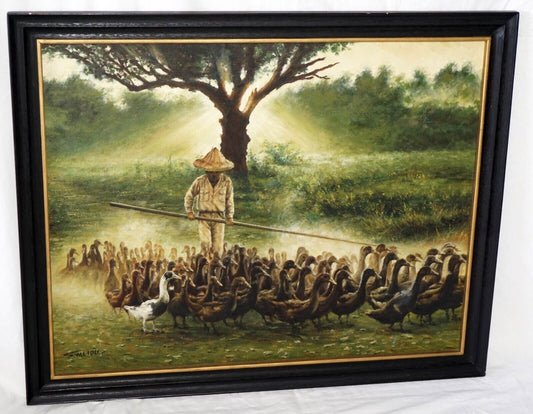 1970s Chinese Framed Oil Painting Man Herding Ducks by S.W. Liou (HoJ)