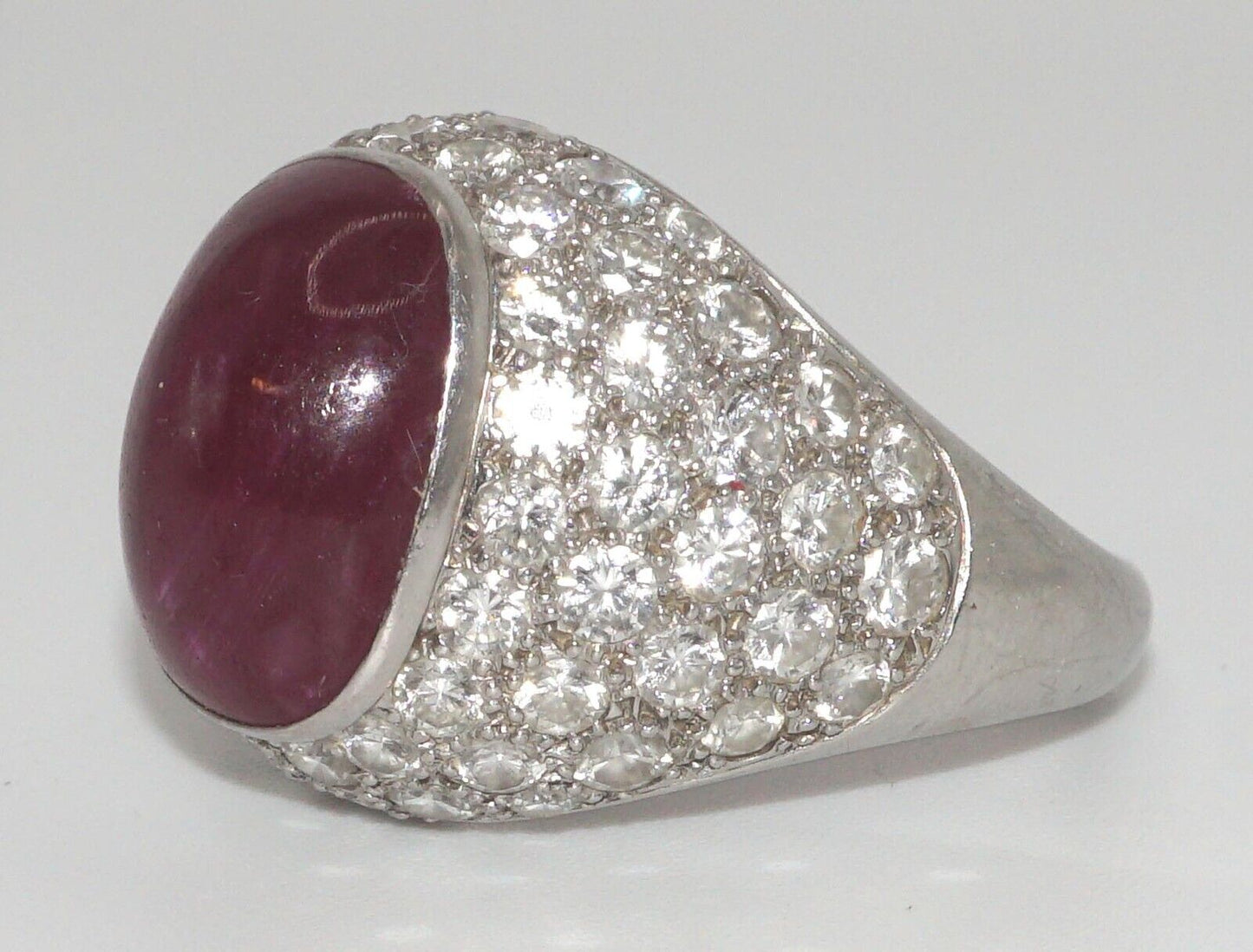 Vintage Platinum Ring w Ruby Cabochon & Diamond Pave-Set Dome Sz. 9 1/2 (LeD)