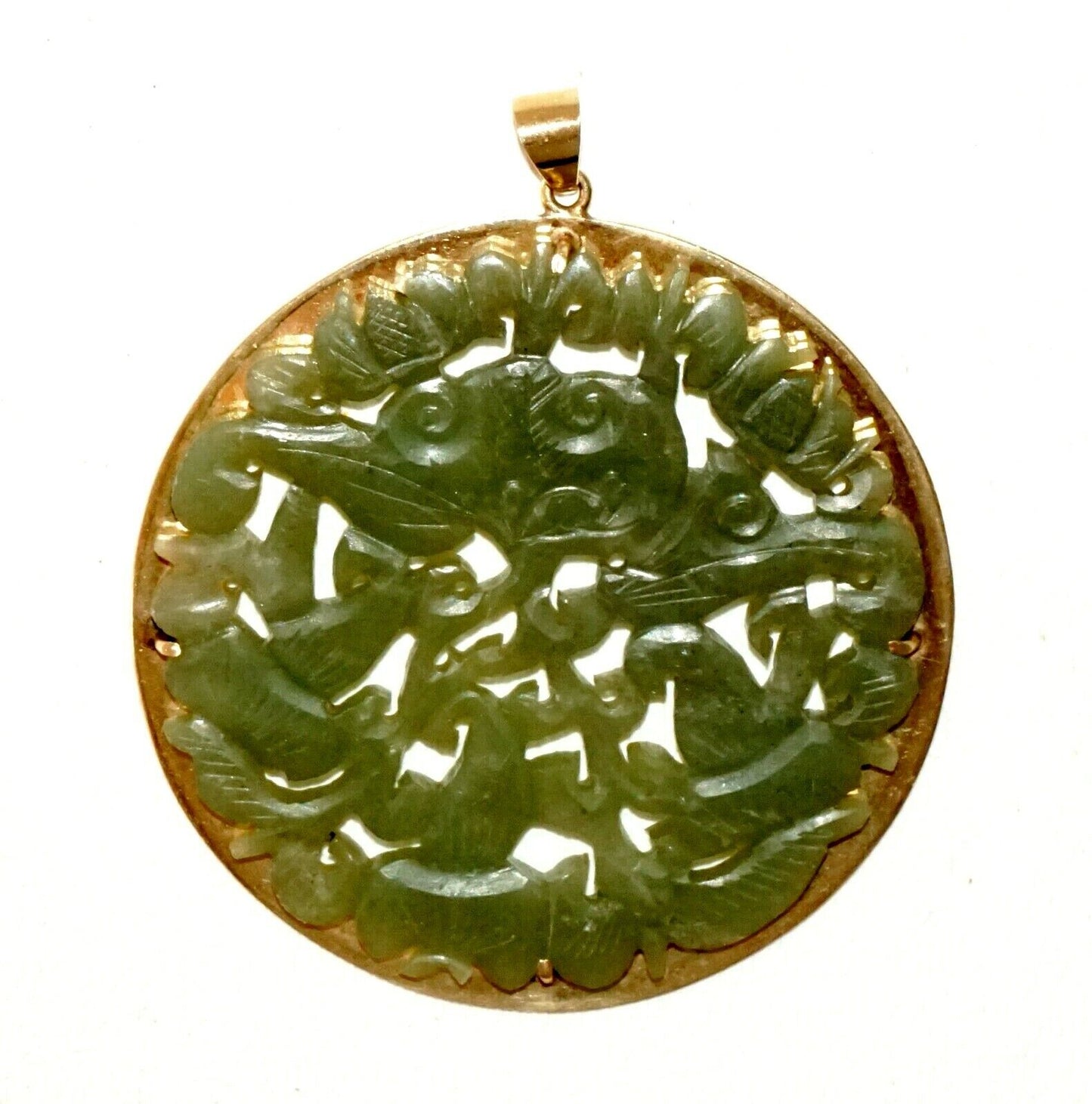 Vintage 14k Yellow Gold Pierced Green Floral & Bat Motif Jade Pendant (TaE) #40