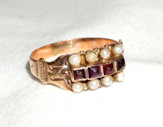 Antique English Victorian 14k Rose Gold Ring Sz.5.5 w 4x Garnets & 8 Pearls(---)