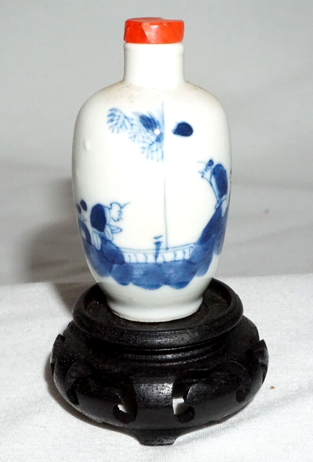 Vintage Chinese B&W Porcelain Snuff Bottle w. Figure in Landscape Motif (LLA)