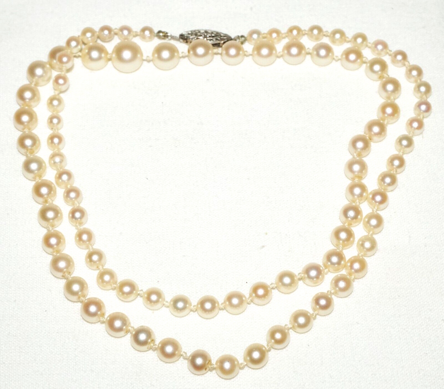 Vintage Graduated Pearl Necklace 23" w. 14k White Gold Filigree Clasp (KoS) L15