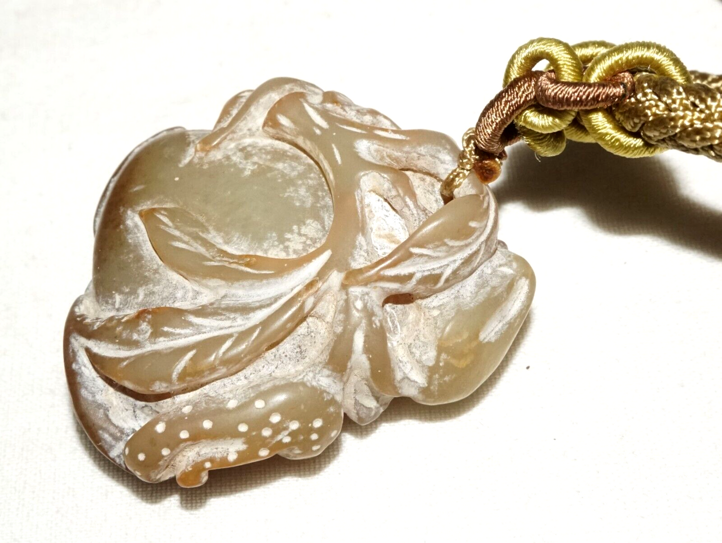 Vintage Chinese Soapstone Carving w Bat on Peach Motif & Cord Necklace (LeS)L20