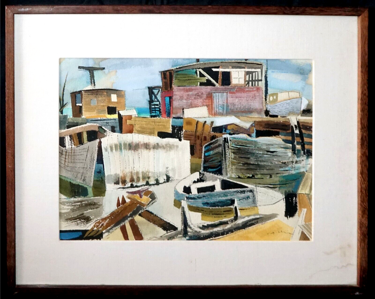 1948 Hawaii Watercolor Painting Boat Harbor I by Keiichi Kimura (1914-88) (PeN)