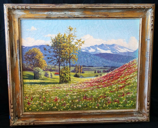 1949 Denmark Norway Oil Painting Mountains & Flowers by Paul Gyldenkrone (ChH)