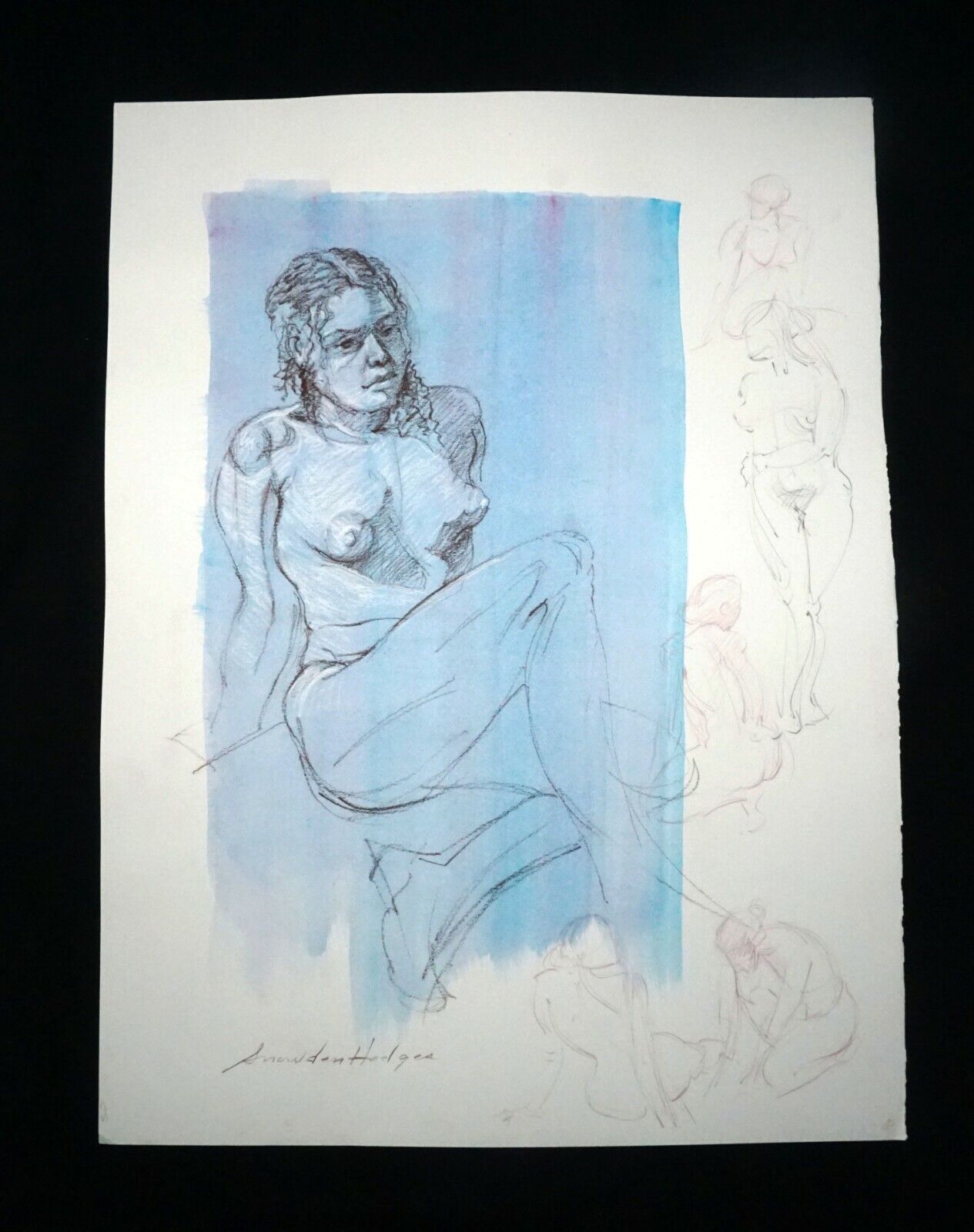 Hawaii Mixed Media Wash Painting Seated Female Nude Snowden Hodges (Sho)#146