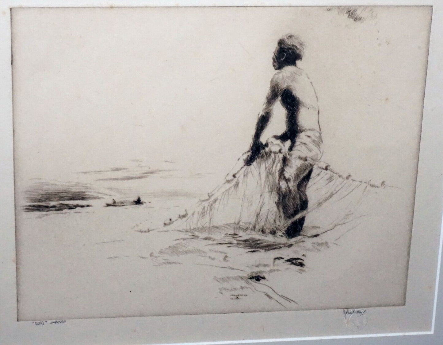 1934 Hawaii Etching Print "Huki" Net Fisherman by John M. Kelly (1879-1962) (+)