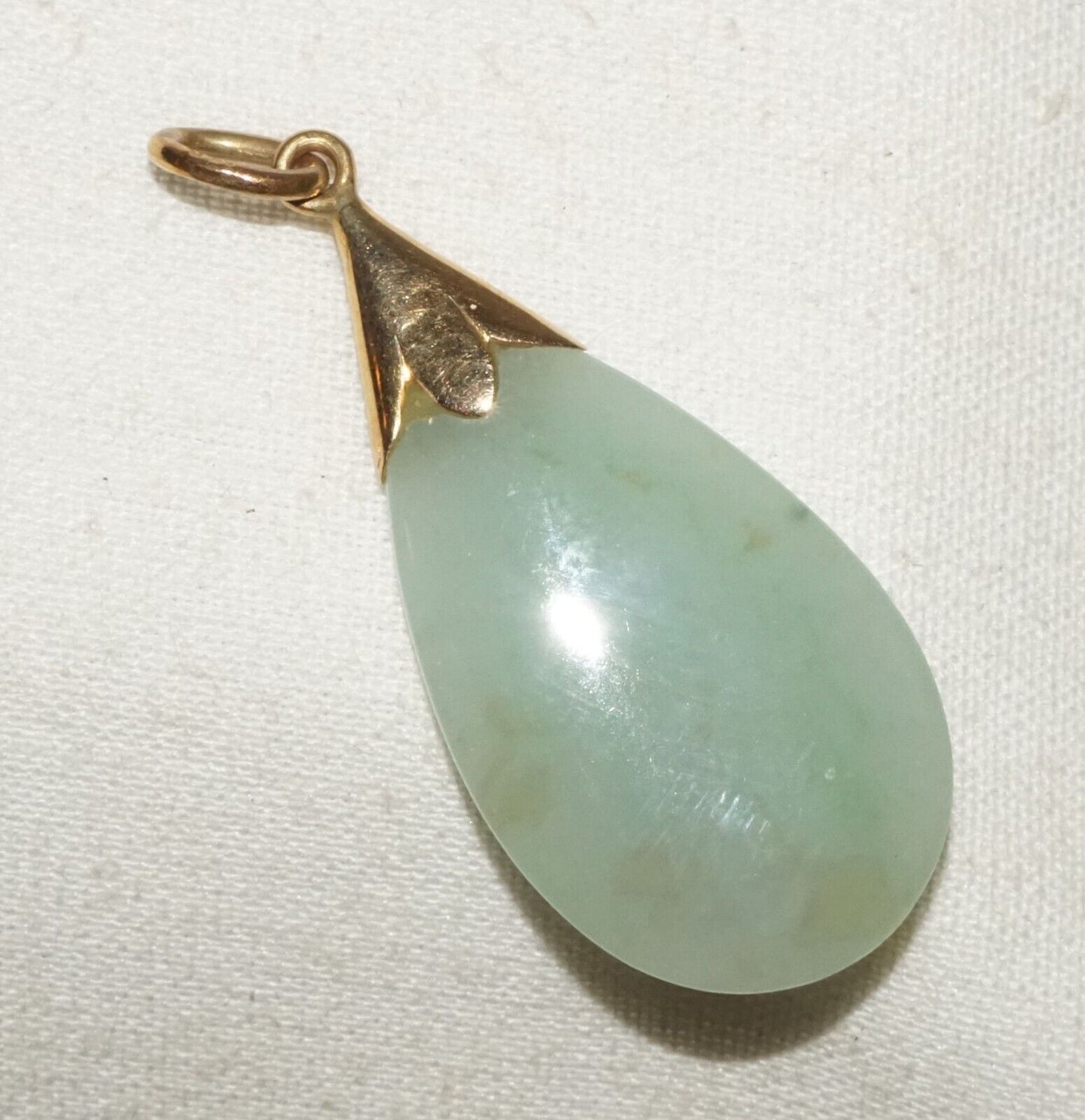 Vintage Chinese 14k Yellow Gold set Green jadeite Jade Drop Pendant (InS)L6