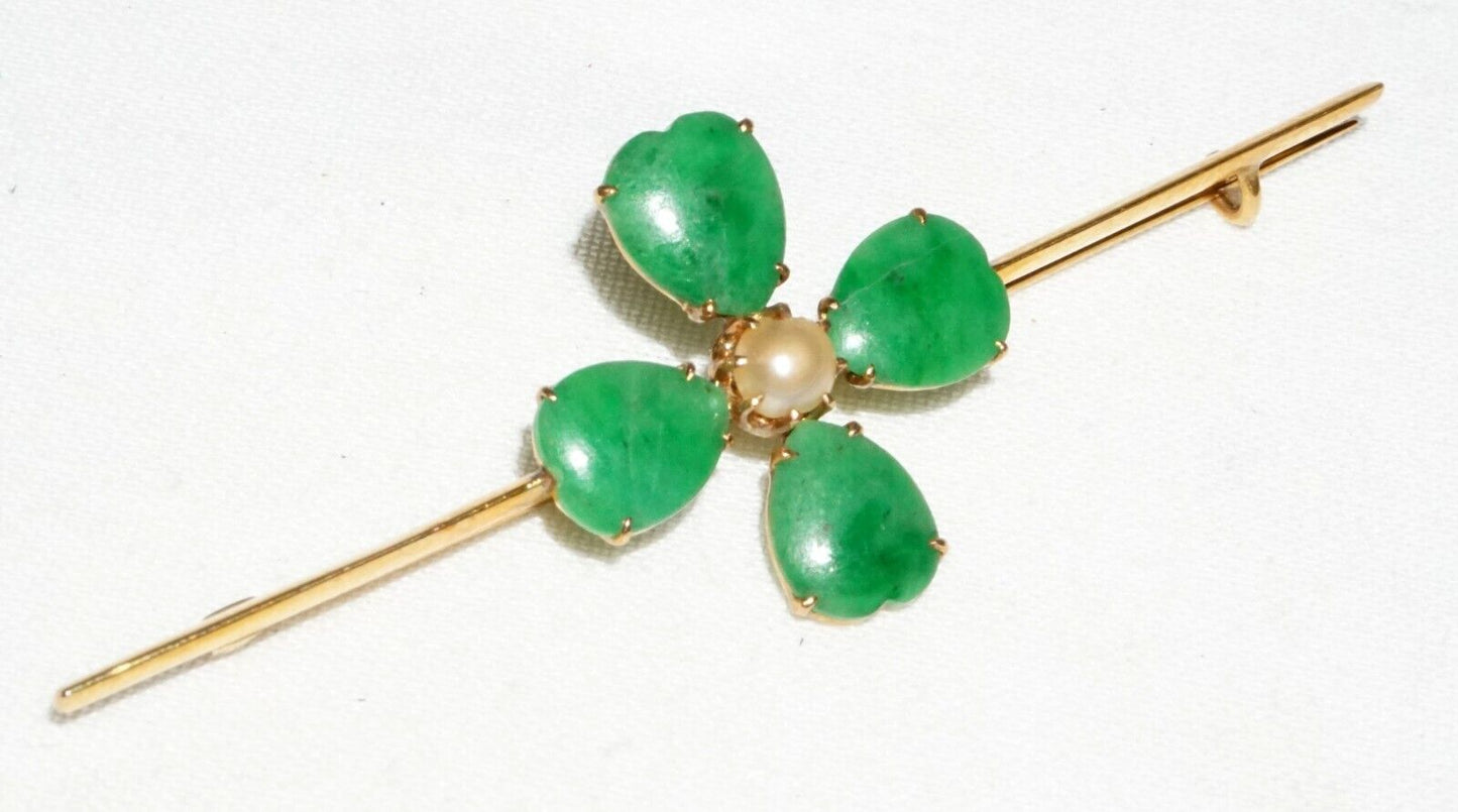 Vtg Chinese 18k Yellow Gold Four Leafed Clover Jadeite Jade & Pearl Brooch (InS)