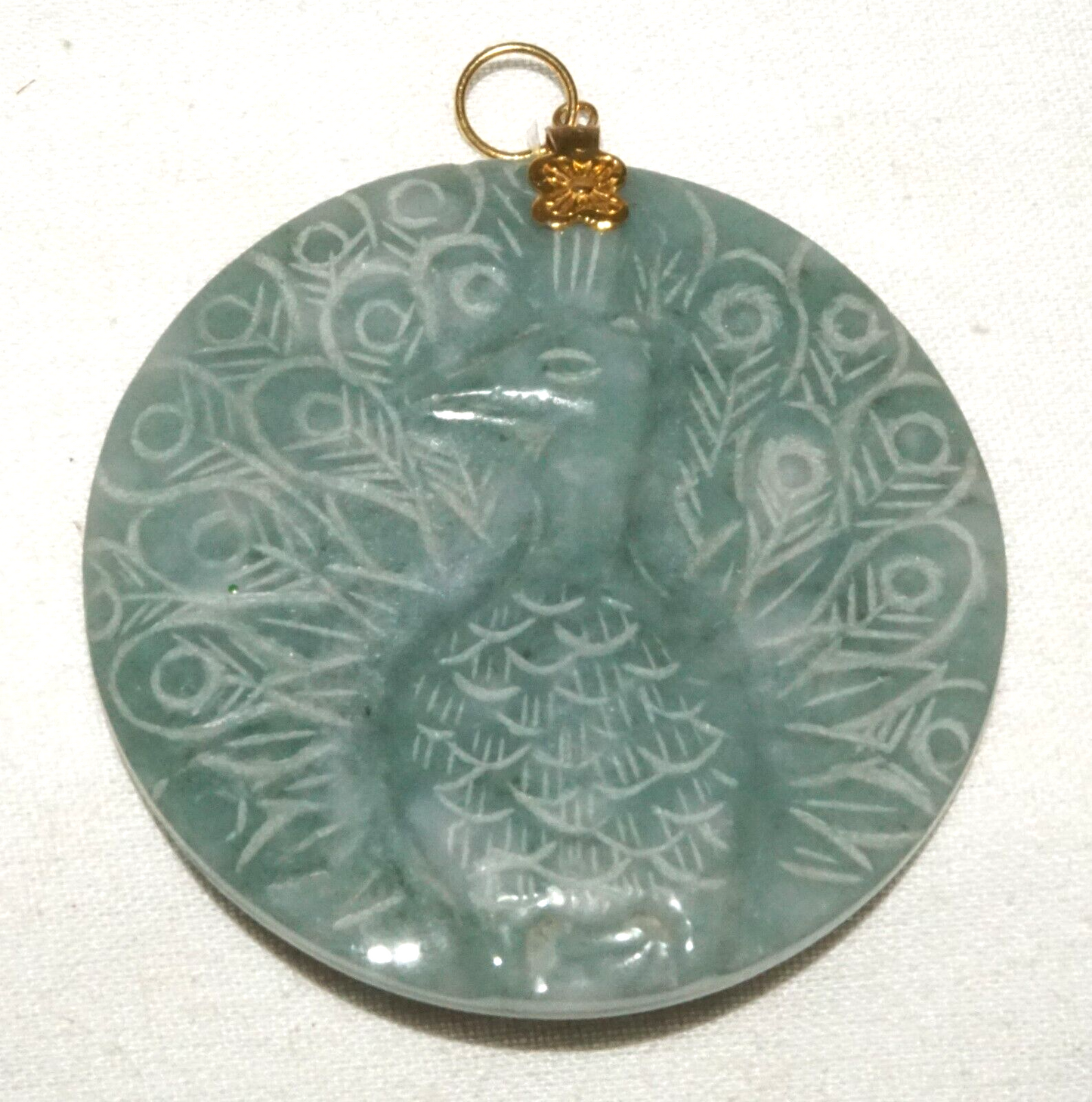 Vintage Chinese Blue Green Jade Disk pendant w. Peacock Motif (InS)#L4