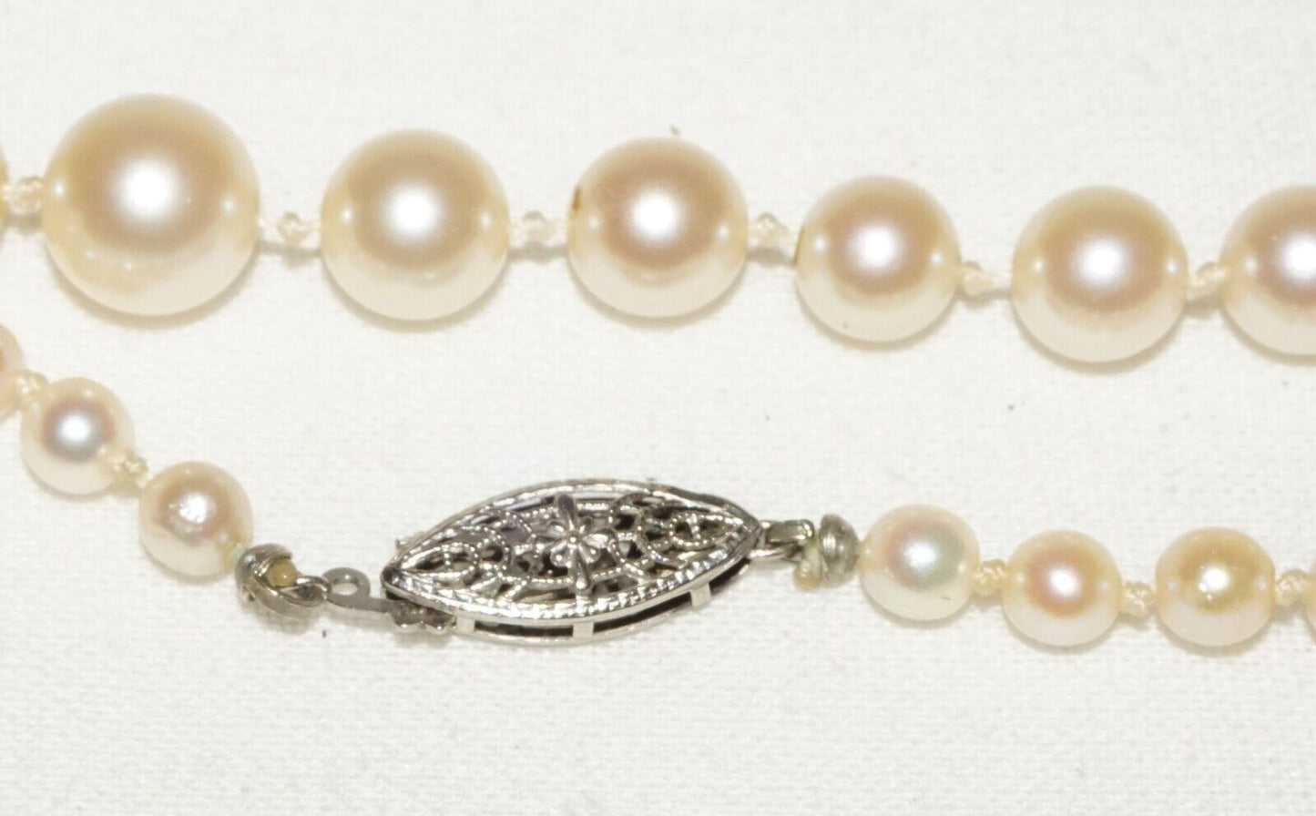 Vintage Graduated Pearl Necklace 23" w. 14k White Gold Filigree Clasp (KoS) L15