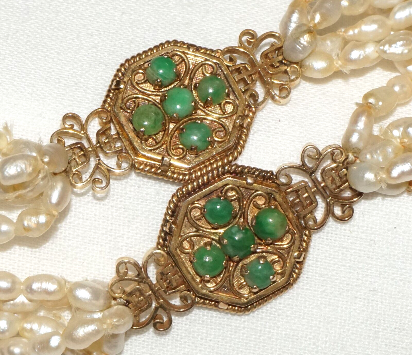 Vintage Chinese 1k Yellow Gold 5x Strand Pearl Necklace w. Jadeite Jades (KoM)