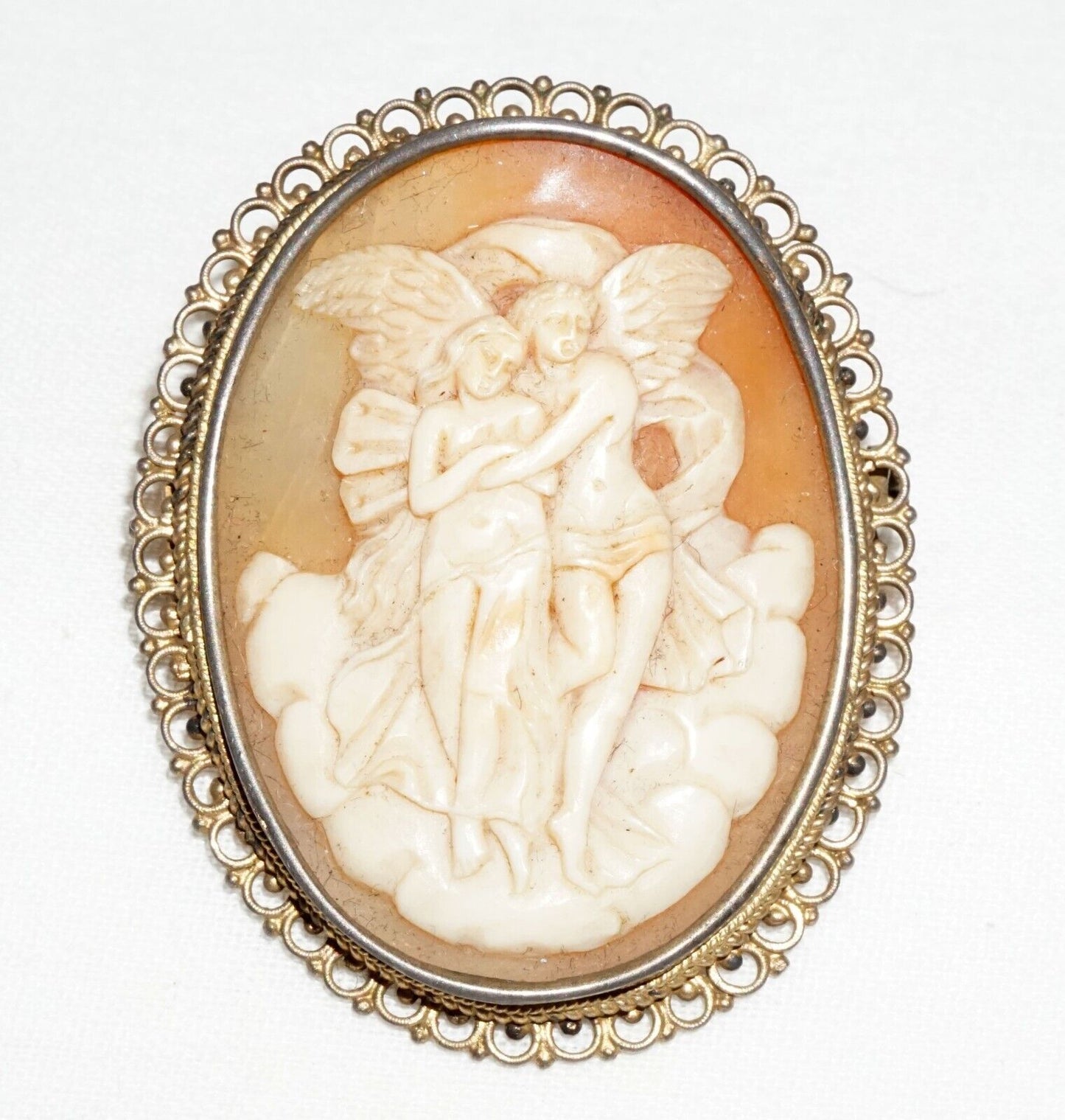 Vintage Unmarked Metal Scroll Design Brooch Shell Cameo w Angel Motif (BiB)