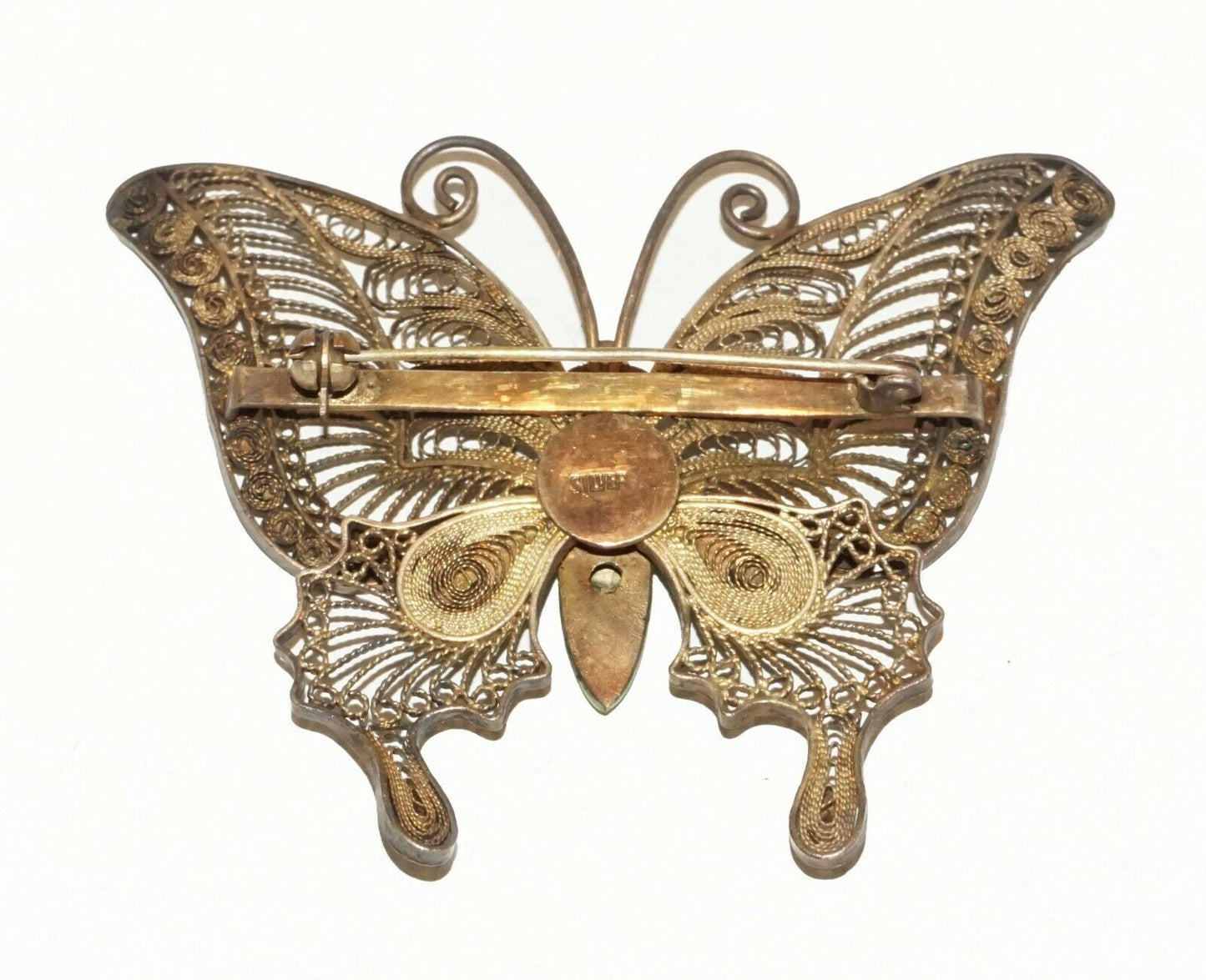 Vintage Chinese Gilt Silver Filigree & Enamel Large Butterfly Brooch (BrM)#15