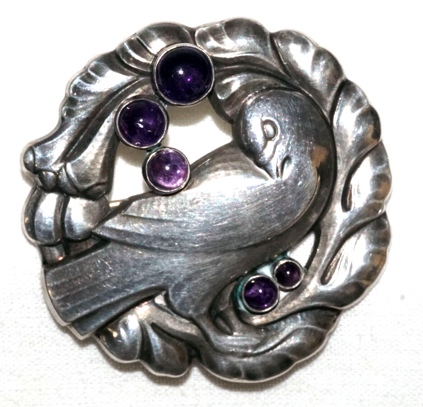 Vtg Denmark Sterling Silver & Amethysts Dove Brooch #123 Georg Jensen (KoS) L10