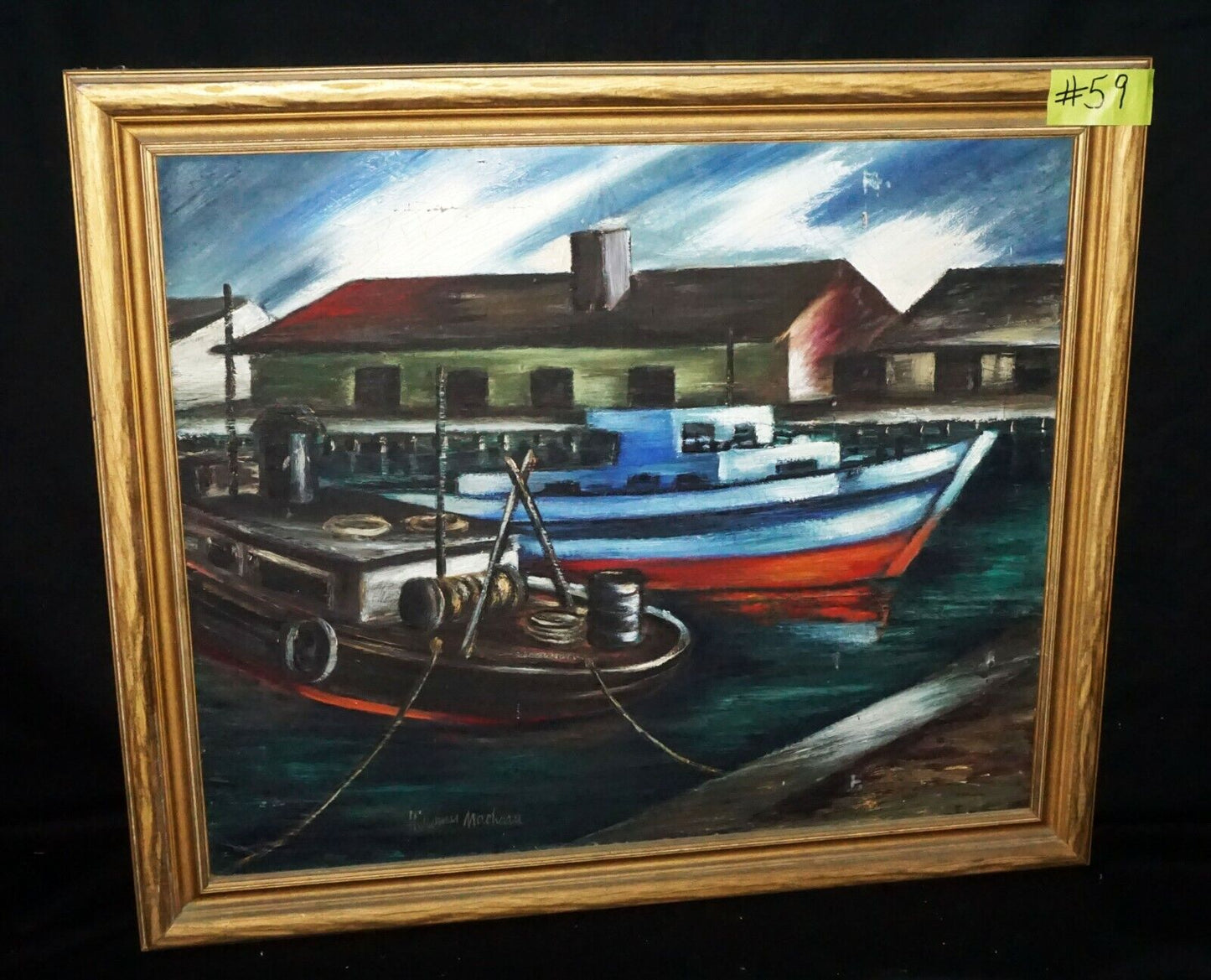 '30s Hawaii Oil Painting "Harbor View" by Hiromu Machara Hui Nani Art Club (***)