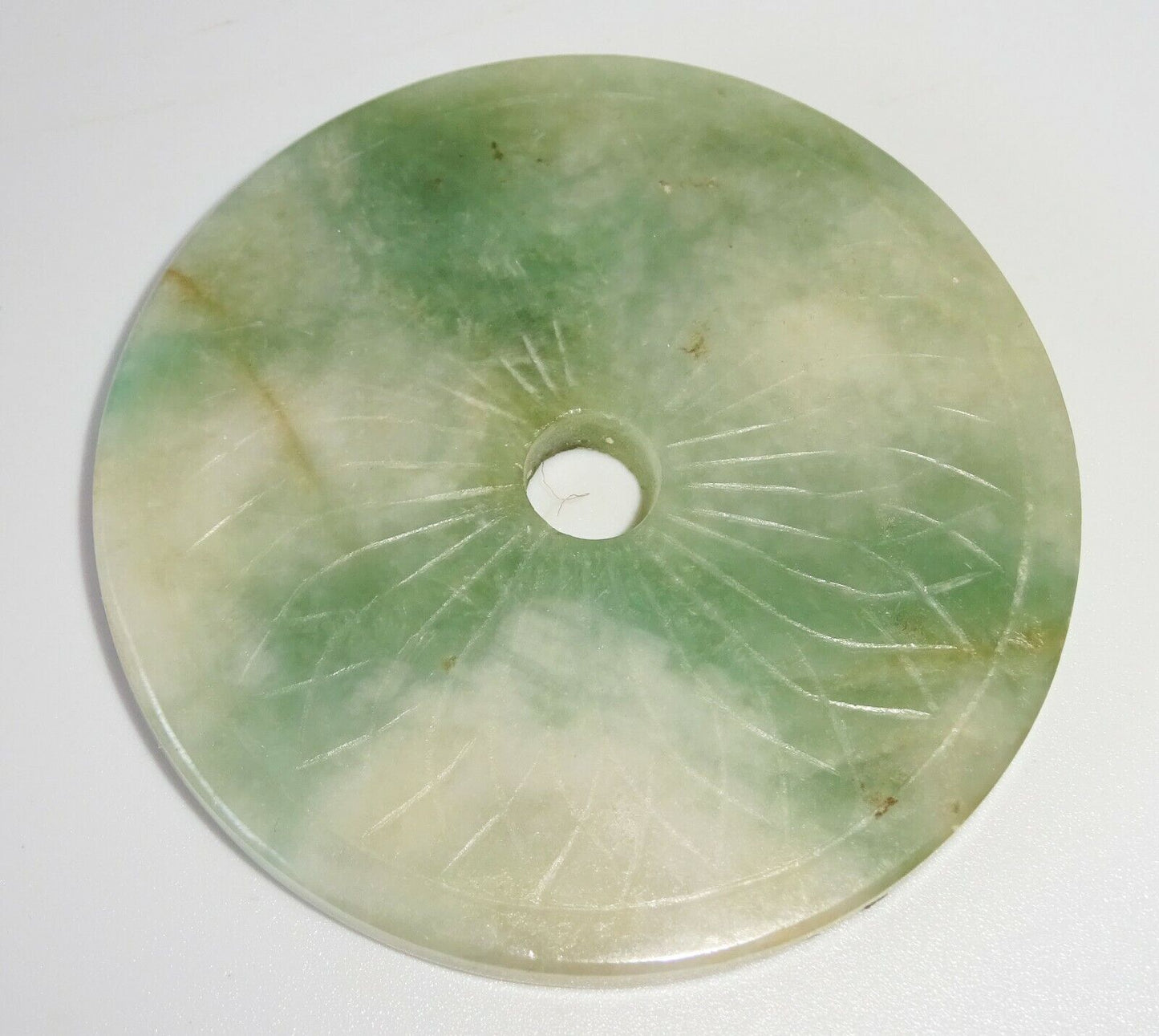 20C Chinese Jadeite Jade Incised Petal Motif Disk Carving (FeO) #37a