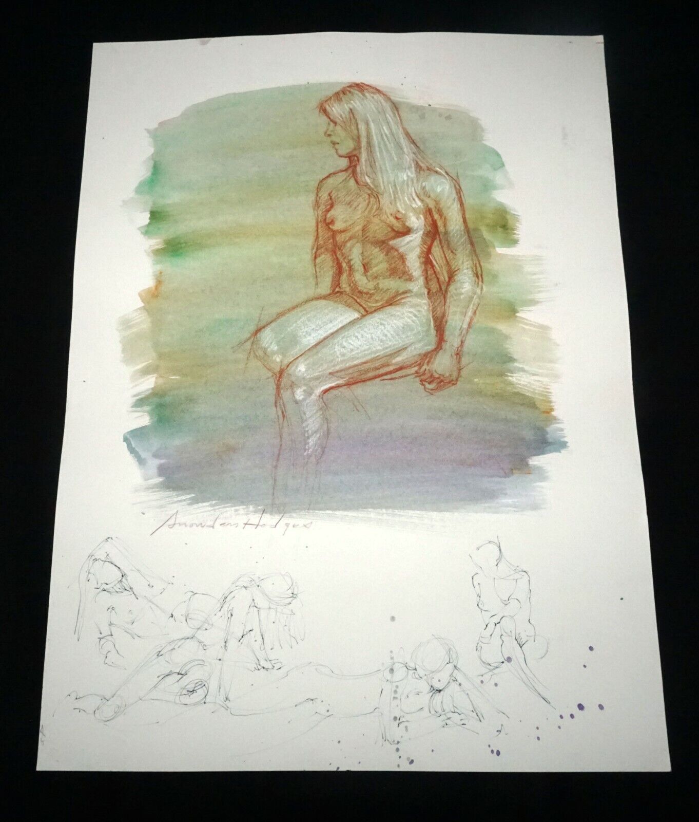 Hawaii Mixed Media Wash Painting Seated Female Nude by Snowden Hodges(Sho)#101