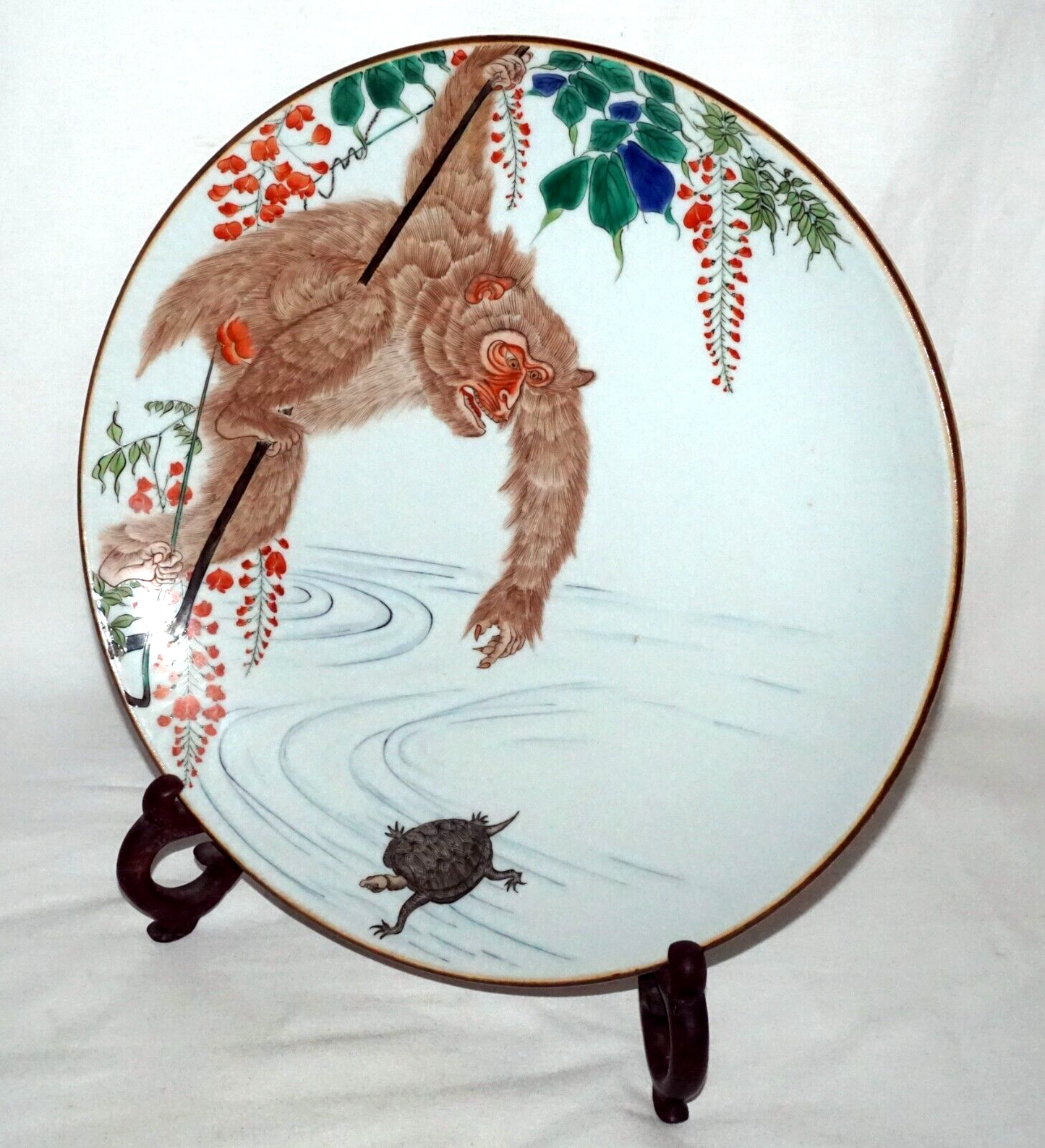 Japanese Meiji Kutani Ware Large Porcelain Plate w Monkey & Hairy Tortoise (FeH)