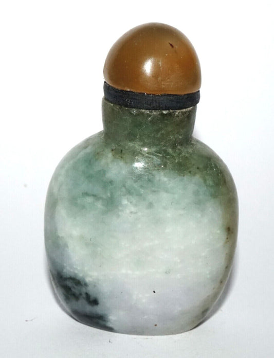 Vintage Chinese Jadeite Jade Carved Snuff Bottle w. Agate Stopper (LeS) G12