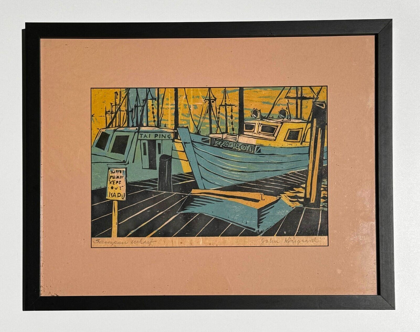 1955 4-Color Woodcut "Sampan Wharf" by John I. Kjargaard (KuK)