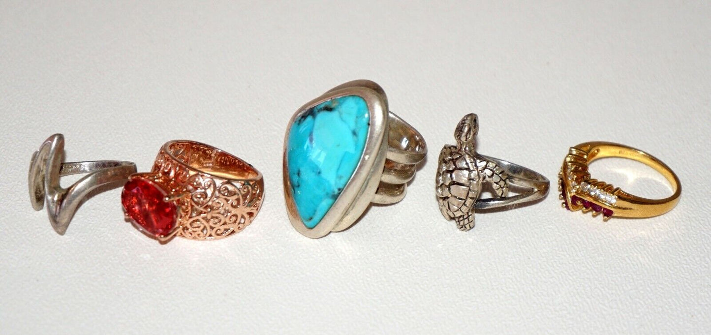 5x Vintage Sterling Silver Rings Turquoise Rubies Quartz Turtle Abstract(NoN)R38