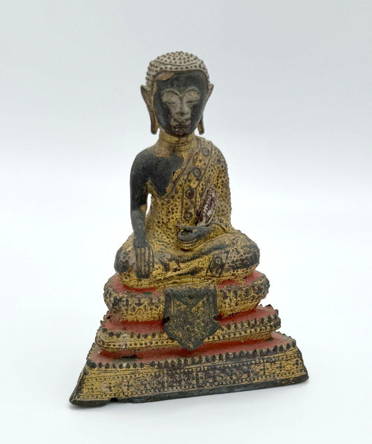 Antique Thai Maitreya Buddha Sculpture Seated Lacquered Bronze & Gilded (MiM)