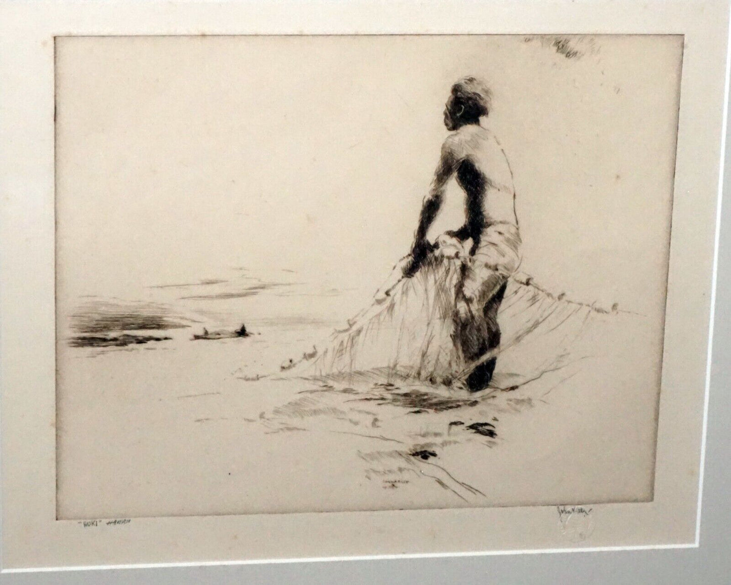 1934 Hawaii Etching Print "Huki" Net Fisherman by John M. Kelly (1879-1962) (+)