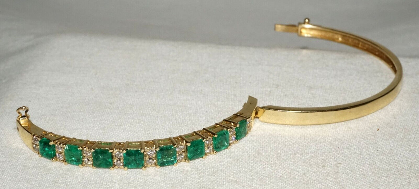 14k Yellow Gold Hinged Bangle Bracelet 4.49ct. Emeralds & 18x Diamonds (GoB) #32