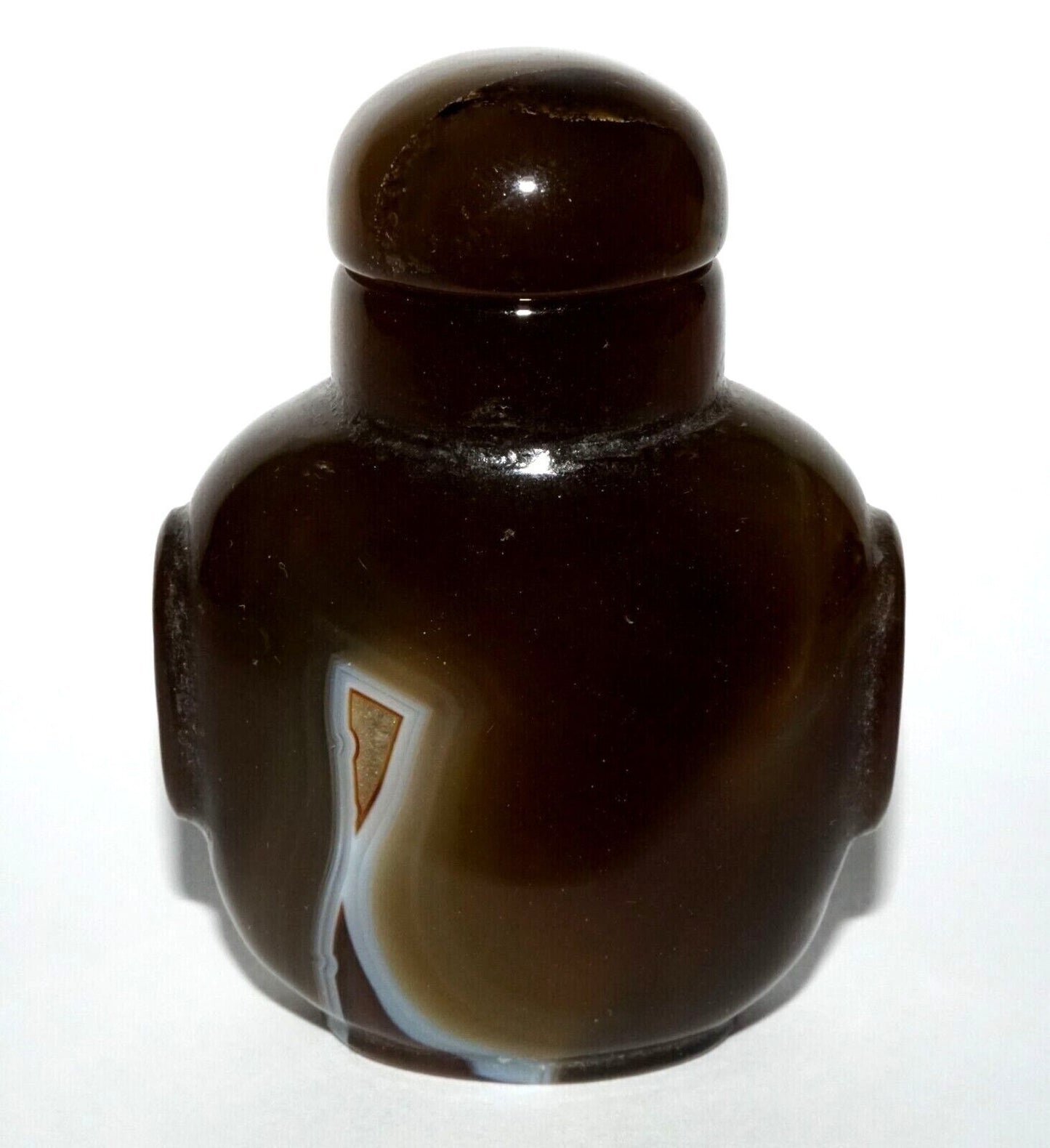 Vintage Chinese Banded Agate Carved Snuff Bottle w Mask Handles (LeS) G8