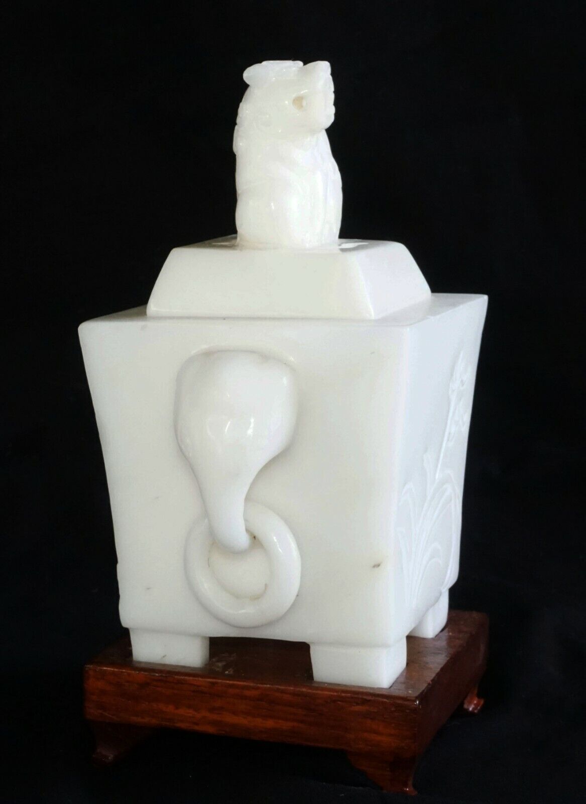 1900 Chinese Alabaster Incense Burner w. Elephant Handles on Fitted Stand (AHB)