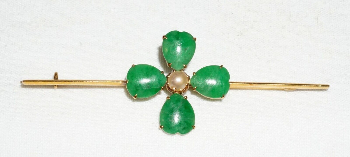 Vtg Chinese 18k Yellow Gold Four Leafed Clover Jadeite Jade & Pearl Brooch (InS)